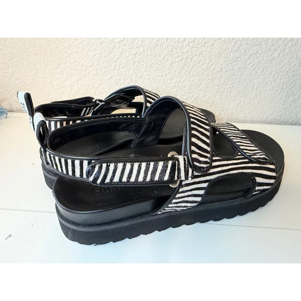 Schutz Black White Striped Calf Hair Platform Slingback Sandals Womens 9.5B
